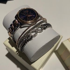 NWT- Two-tone Silver Rose-gold Watch and Bracelet Set
